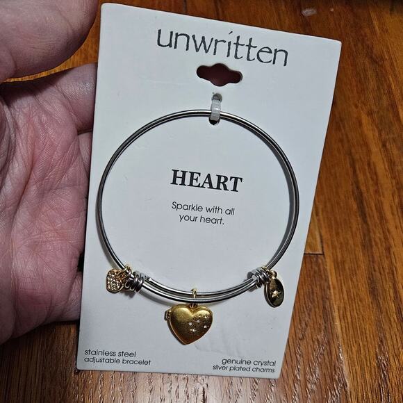 UNWRITTEN Silver Plated Crystal Satin Heart Locket Adjustable Bangle Bracelet - Picture 1 of 9